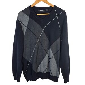 Claiborne Mens V-Neck Sweater Medium‎ Black Gray Argyle Knit Cotton